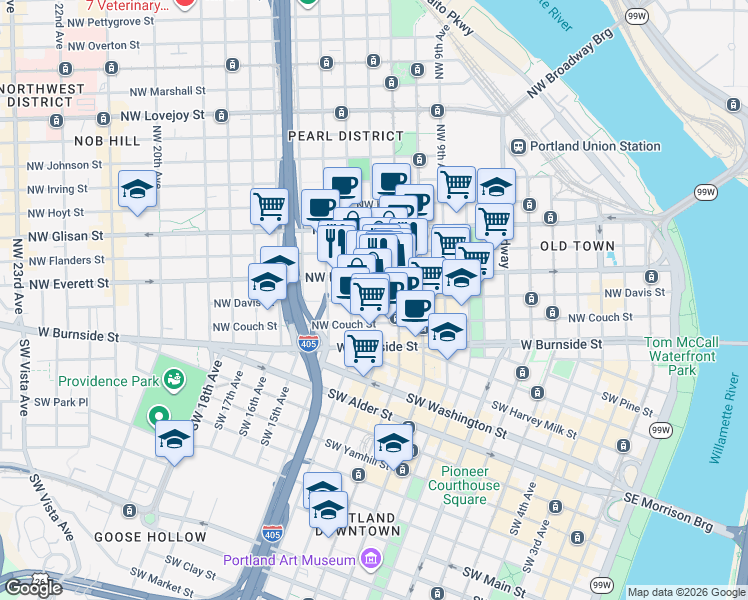 map of restaurants, bars, coffee shops, grocery stores, and more near NW Davis St & NW 12th Ave in Portland