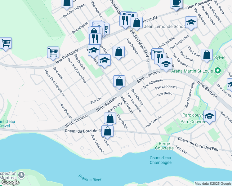map of restaurants, bars, coffee shops, grocery stores, and more near 675 Boulevard Samson in Laval