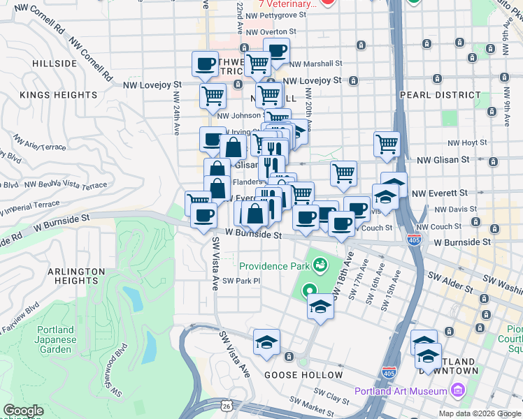 map of restaurants, bars, coffee shops, grocery stores, and more near 2141 Northwest Davis Street in Portland