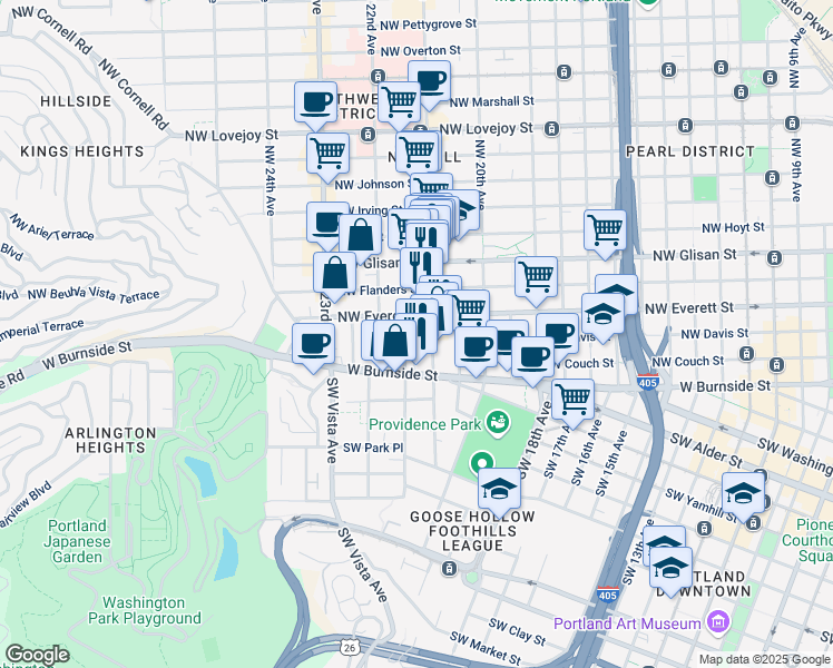 map of restaurants, bars, coffee shops, grocery stores, and more near 2149 Northwest Everett Street in Portland