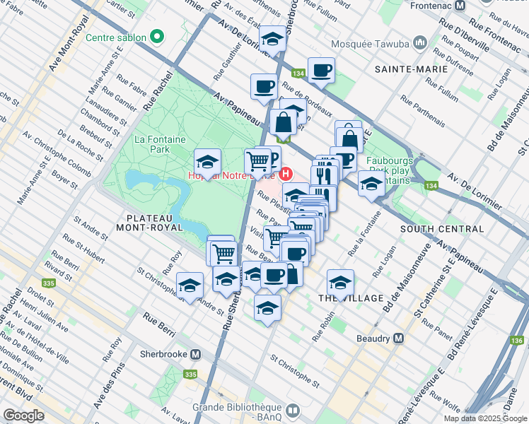 map of restaurants, bars, coffee shops, grocery stores, and more near 2253 Rue Panet in Montréal
