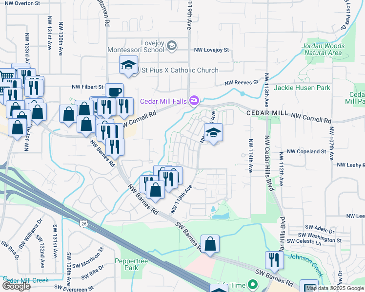 map of restaurants, bars, coffee shops, grocery stores, and more near 600 Northwest Lost Springs Terrace in Portland