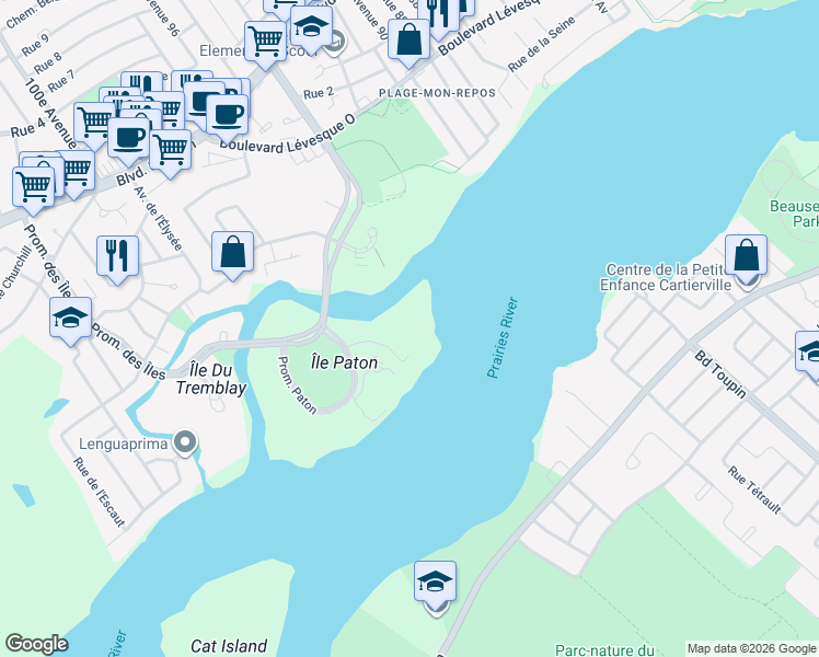map of restaurants, bars, coffee shops, grocery stores, and more near 4400 Promenade Paton in Laval