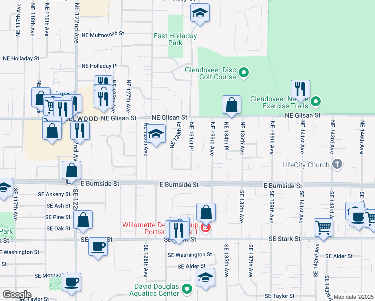 map of restaurants, bars, coffee shops, grocery stores, and more near 318 Northeast 131st Place in Portland