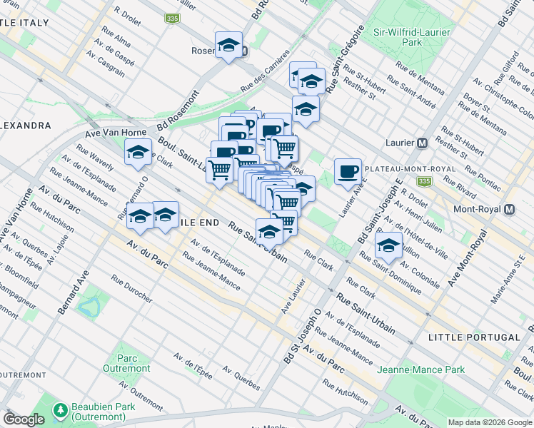 map of restaurants, bars, coffee shops, grocery stores, and more near 5296 Boulevard Saint-Laurent in Montréal