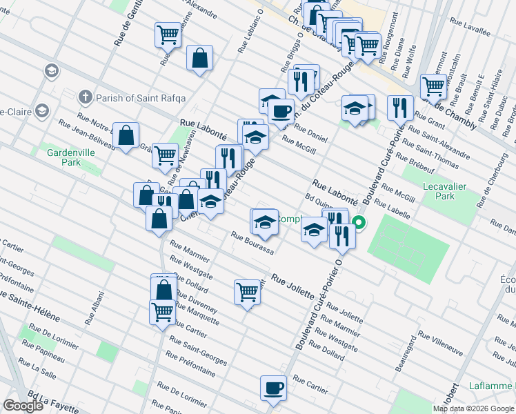 map of restaurants, bars, coffee shops, grocery stores, and more near 1583 Rue-Notre-Dame-de-Grâces in Longueuil