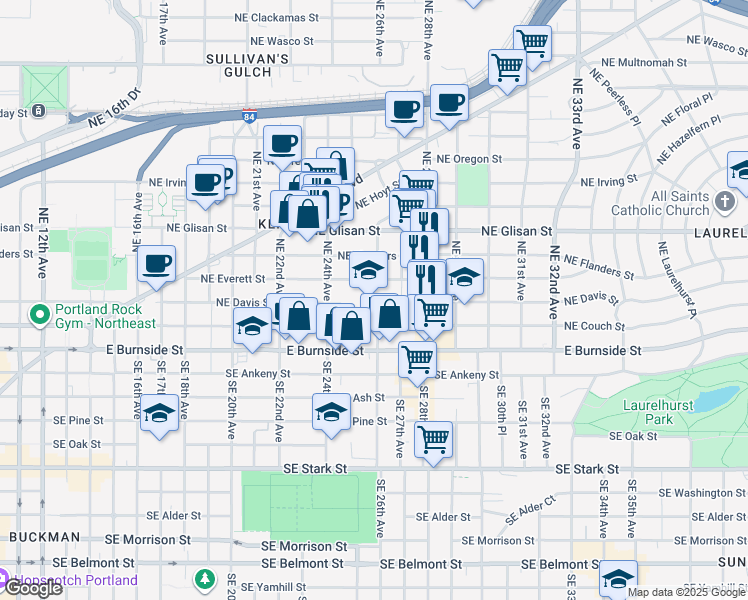 map of restaurants, bars, coffee shops, grocery stores, and more near 2508 Northeast Everett Street in Portland