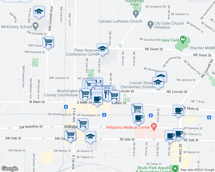 map of restaurants, bars, coffee shops, grocery stores, and more near 231 Northeast 4th Avenue in Hillsboro