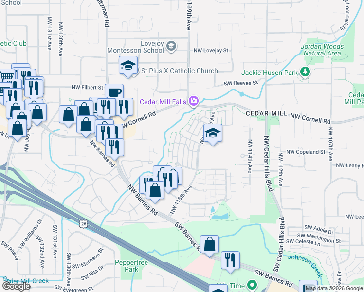 map of restaurants, bars, coffee shops, grocery stores, and more near 625 Northwest Lost Springs Terrace in Portland
