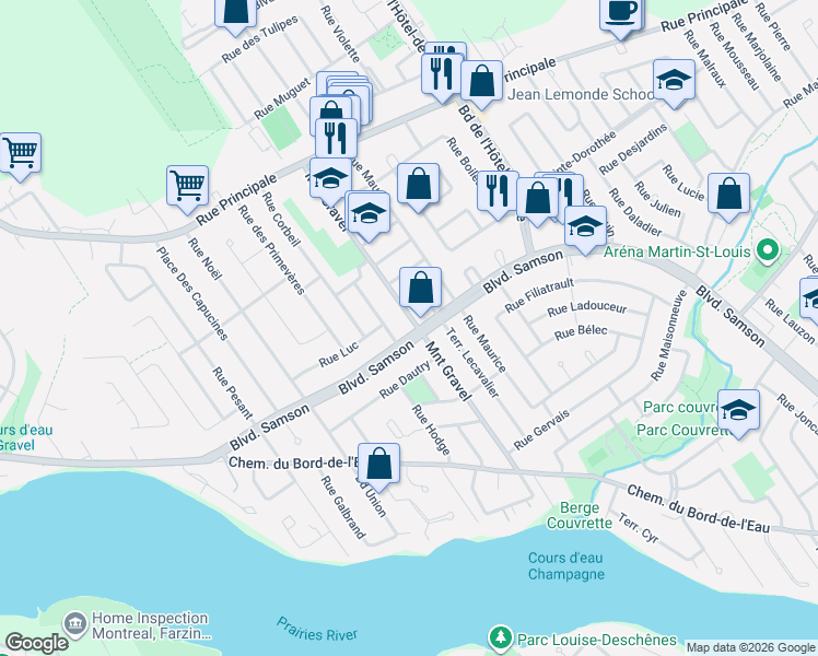 map of restaurants, bars, coffee shops, grocery stores, and more near 675 Boulevard Samson in Laval