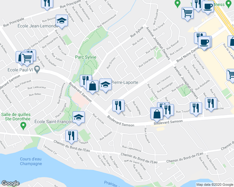 map of restaurants, bars, coffee shops, grocery stores, and more near 606 Rue Lauzon in Laval