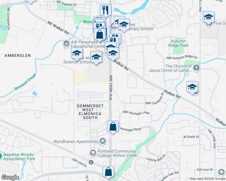 map of restaurants, bars, coffee shops, grocery stores, and more near 720 Northwest 185th Avenue in Beaverton
