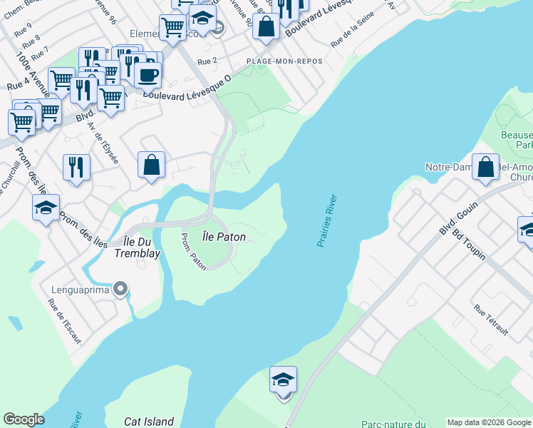 map of restaurants, bars, coffee shops, grocery stores, and more near 4400 Promenade Paton in Laval