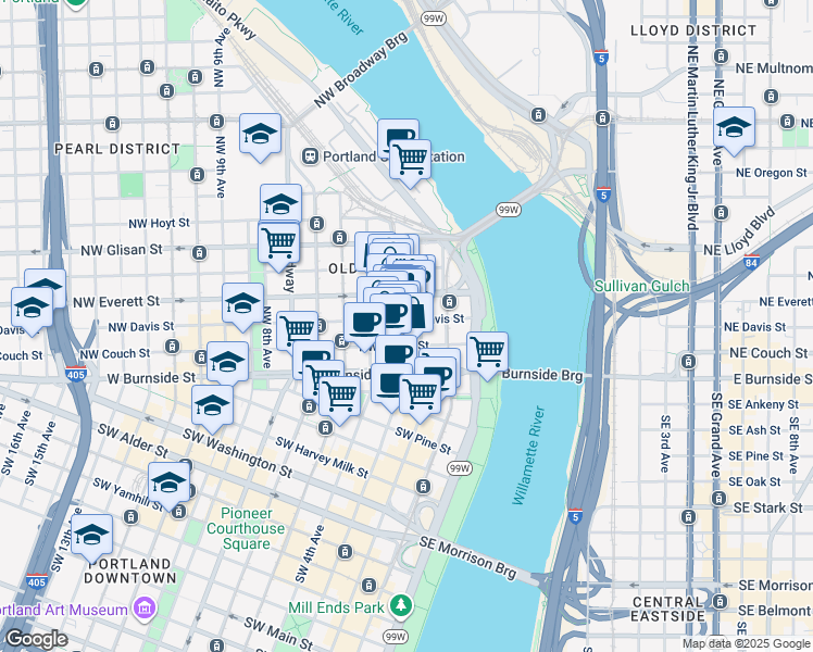 map of restaurants, bars, coffee shops, grocery stores, and more near 272 Northwest 3rd Avenue in Portland
