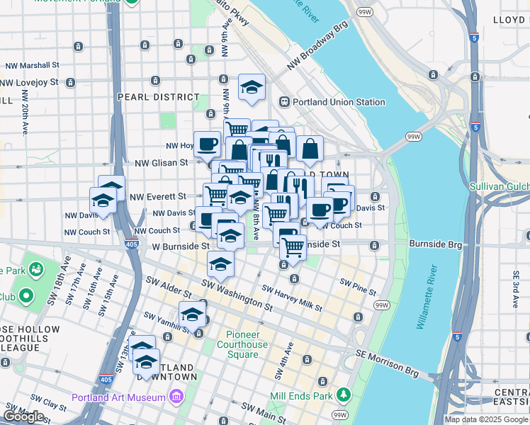map of restaurants, bars, coffee shops, grocery stores, and more near 720 Northwest Davis Street in Portland