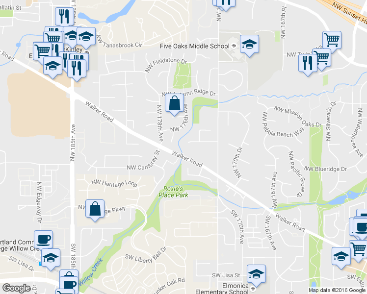 map of restaurants, bars, coffee shops, grocery stores, and more near 17560 Northwest Woodmere Court in Beaverton
