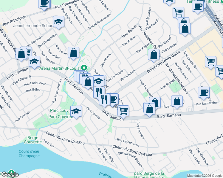 map of restaurants, bars, coffee shops, grocery stores, and more near 606 Rue Lauzon in Laval