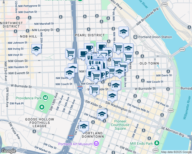 map of restaurants, bars, coffee shops, grocery stores, and more near 1200 Northwest Everett Street in Portland