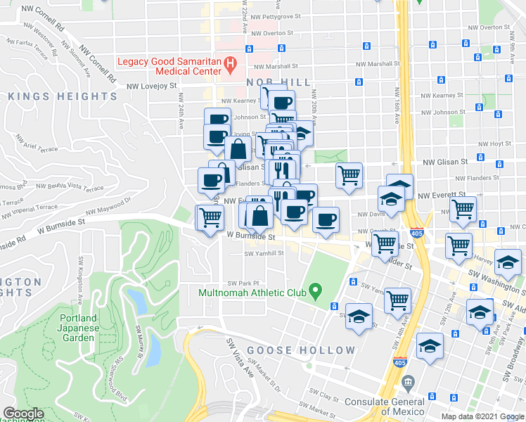 map of restaurants, bars, coffee shops, grocery stores, and more near 2149 Northwest Everett Street in Portland