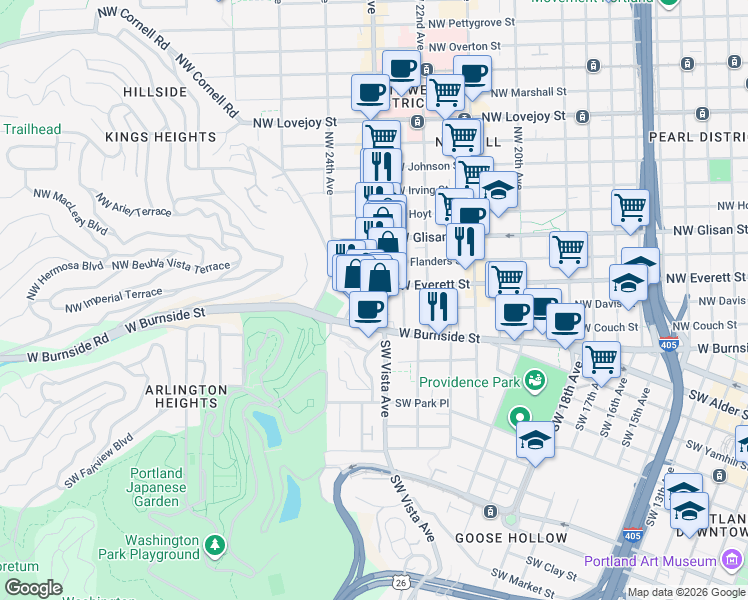 map of restaurants, bars, coffee shops, grocery stores, and more near 307 Northwest 23rd Avenue in Portland