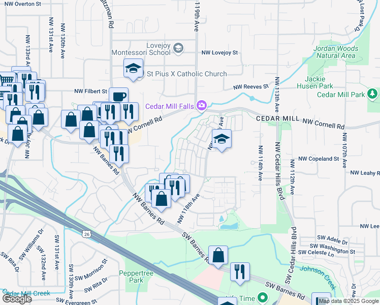 map of restaurants, bars, coffee shops, grocery stores, and more near 625 Northwest Lost Springs Terrace in Portland