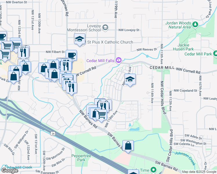 map of restaurants, bars, coffee shops, grocery stores, and more near 625 Northwest Lost Springs Terrace in Portland