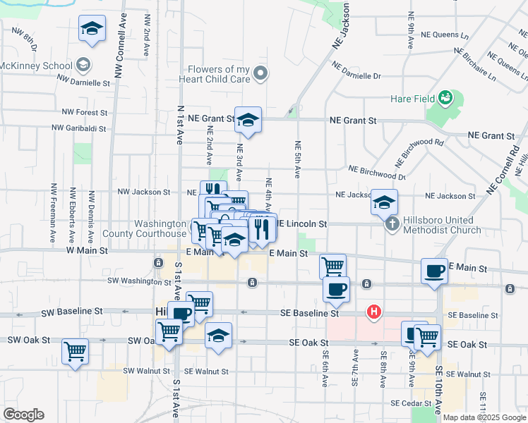 map of restaurants, bars, coffee shops, grocery stores, and more near 354 Northeast Jackson Street in Hillsboro