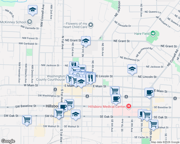 map of restaurants, bars, coffee shops, grocery stores, and more near 354 Northeast Jackson Street in Hillsboro