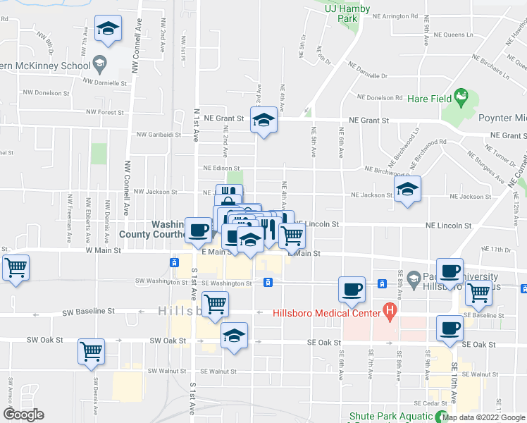 map of restaurants, bars, coffee shops, grocery stores, and more near 354 Northeast Jackson Street in Hillsboro