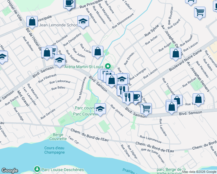 map of restaurants, bars, coffee shops, grocery stores, and more near 355-L Boulevard Samson in Laval