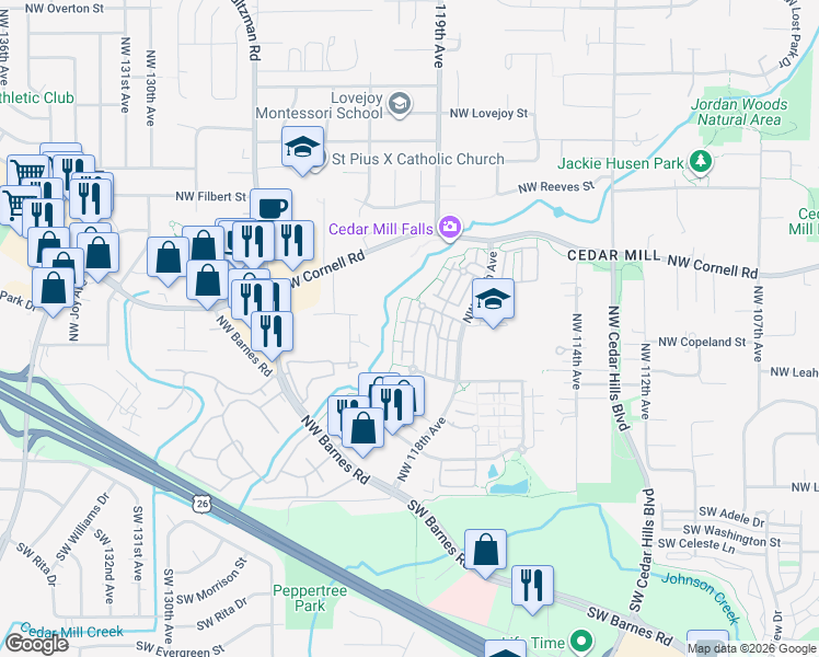 map of restaurants, bars, coffee shops, grocery stores, and more near 605 Northwest Lost Springs Terrace in Portland