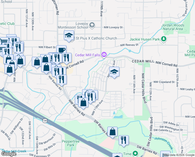 map of restaurants, bars, coffee shops, grocery stores, and more near 600 Northwest Lost Springs Terrace in Portland