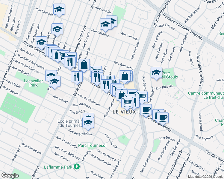 map of restaurants, bars, coffee shops, grocery stores, and more near 2479 Chemin de Chambly in Longueuil