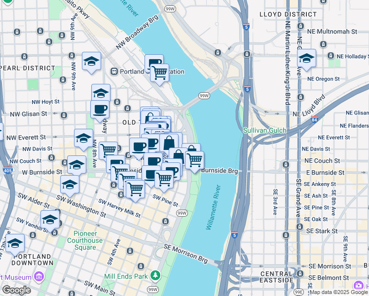 map of restaurants, bars, coffee shops, grocery stores, and more near 58 Waterfront Park Trail in Portland