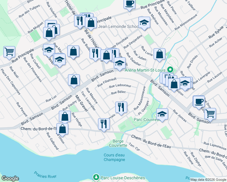 map of restaurants, bars, coffee shops, grocery stores, and more near 565 Rue Bélec in Laval