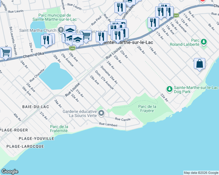 map of restaurants, bars, coffee shops, grocery stores, and more near 545 Domaine 27e Avenue in Sainte-Marthe-sur-le-Lac