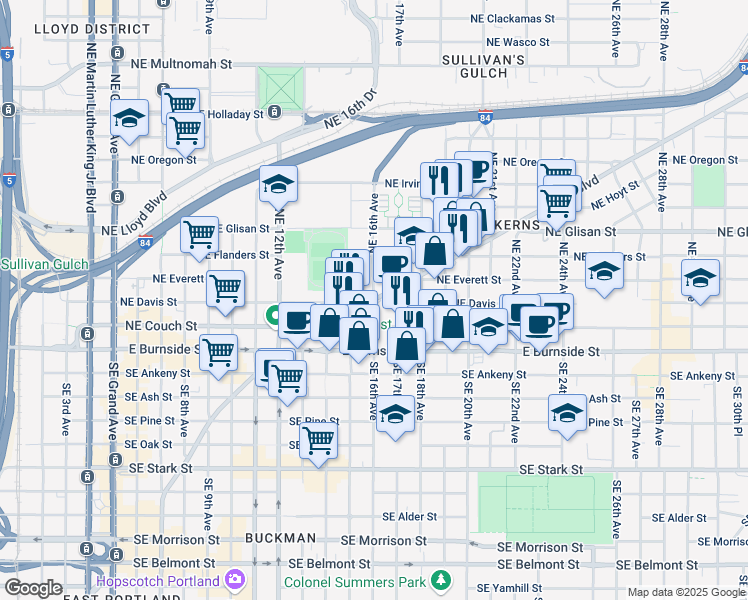 map of restaurants, bars, coffee shops, grocery stores, and more near NE Sandy Blvd & NE 16th Ave in Portland