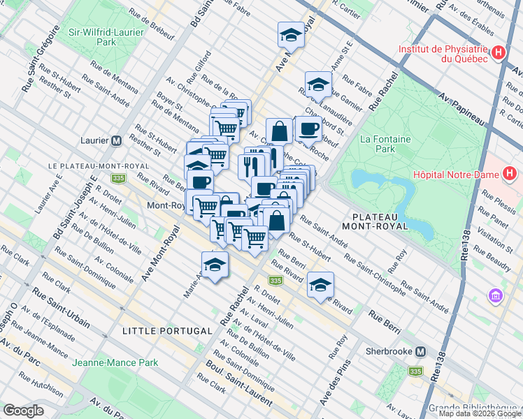 map of restaurants, bars, coffee shops, grocery stores, and more near 4299 Rue Saint-Hubert in Montréal