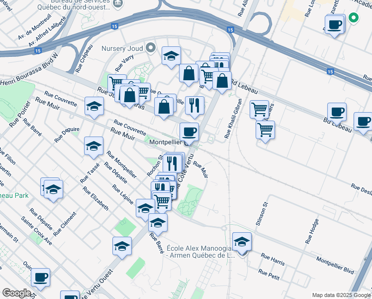 map of restaurants, bars, coffee shops, grocery stores, and more near 475 Boulevard de la Côte Vertu in Montréal