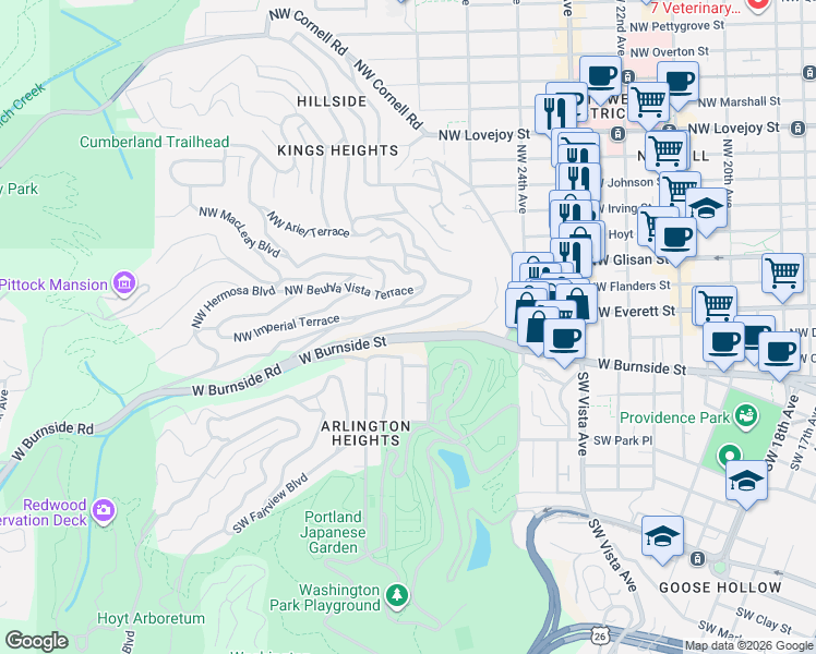 map of restaurants, bars, coffee shops, grocery stores, and more near 2562 Northwest Mildred Street in Portland