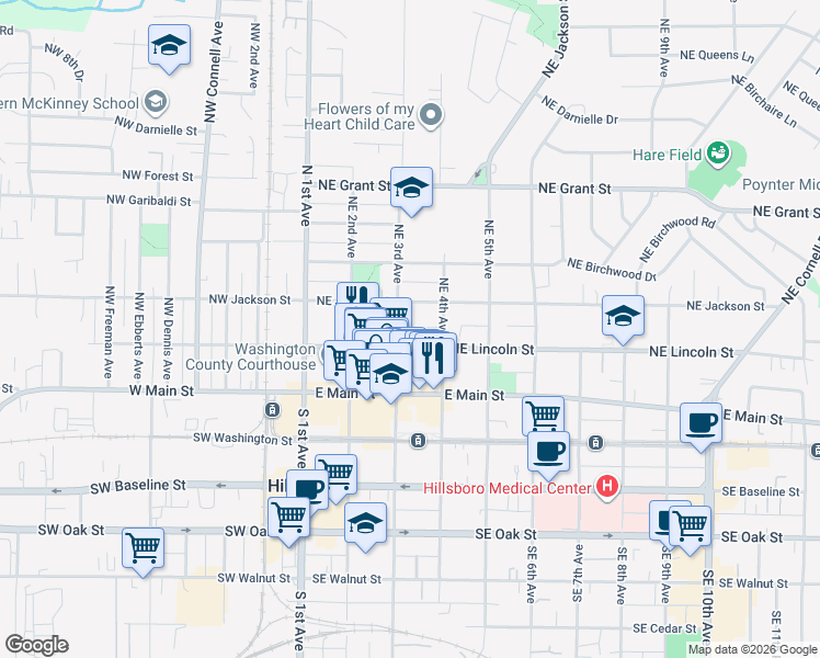 map of restaurants, bars, coffee shops, grocery stores, and more near 232 Northeast 3rd Avenue in Hillsboro