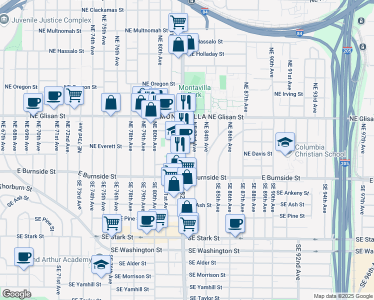 map of restaurants, bars, coffee shops, grocery stores, and more near 225 Northeast 83rd Avenue in Portland