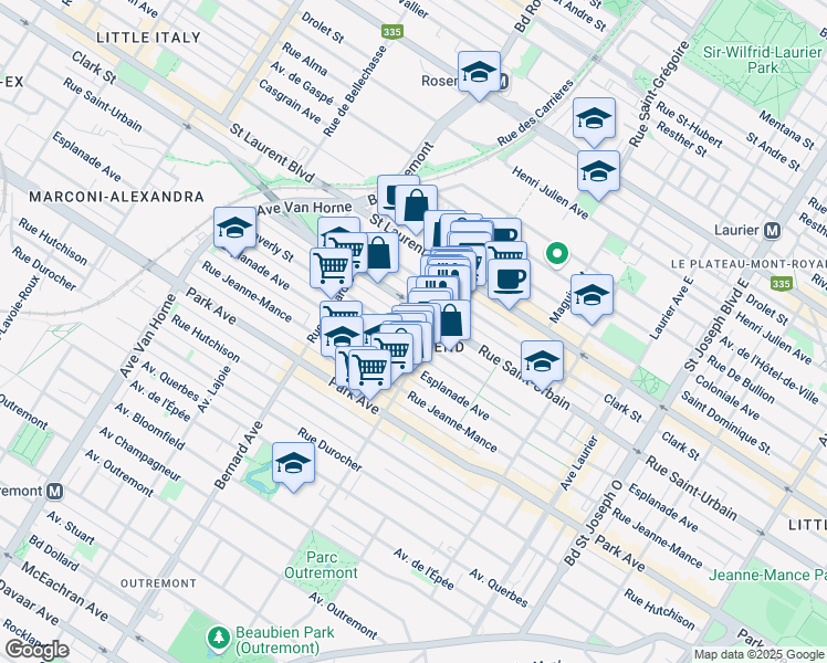 map of restaurants, bars, coffee shops, grocery stores, and more near 5585 Rue Waverly in Montréal