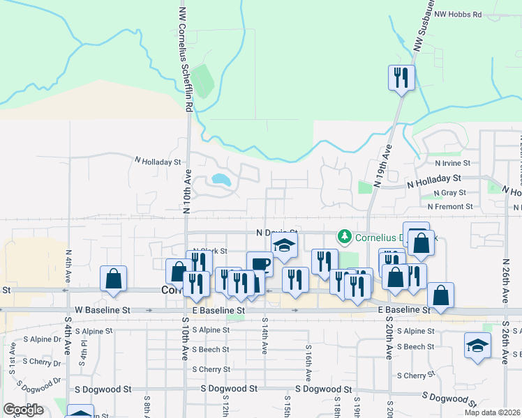 map of restaurants, bars, coffee shops, grocery stores, and more near 525 North 14th Avenue in Cornelius