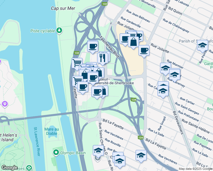 map of restaurants, bars, coffee shops, grocery stores, and more near 1190 Rue Saint-Charles Ouest in Longueuil