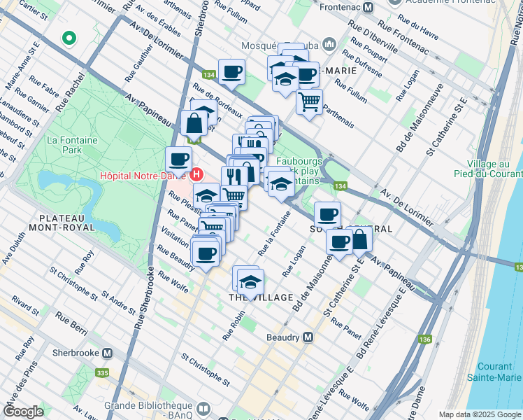 map of restaurants, bars, coffee shops, grocery stores, and more near 1888 Rue de Champlain in Montreal