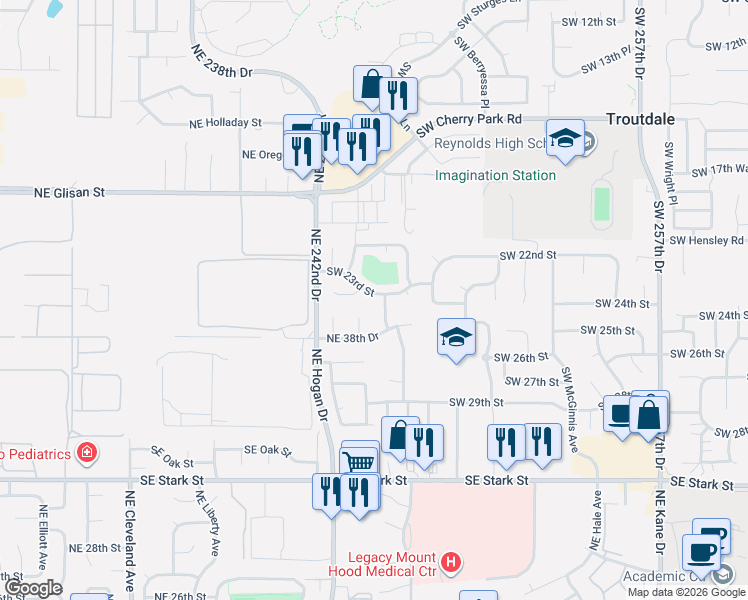 map of restaurants, bars, coffee shops, grocery stores, and more near 2336 Southwest 23rd Street in Troutdale