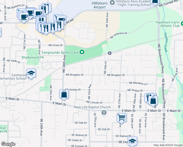 map of restaurants, bars, coffee shops, grocery stores, and more near 3247 Northeast Brogden Street in Hillsboro