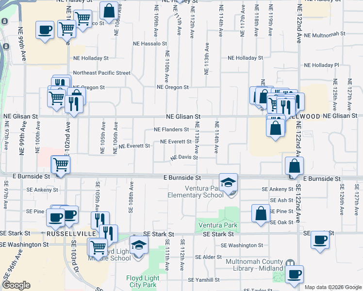 map of restaurants, bars, coffee shops, grocery stores, and more near 11109 Northeast Everett Street in Portland