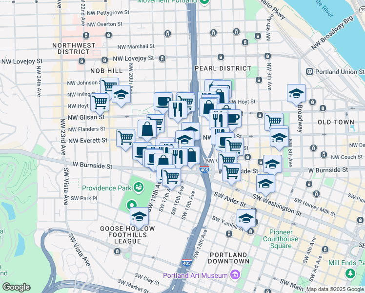 map of restaurants, bars, coffee shops, grocery stores, and more near 1631 Northwest Everett Street in Portland